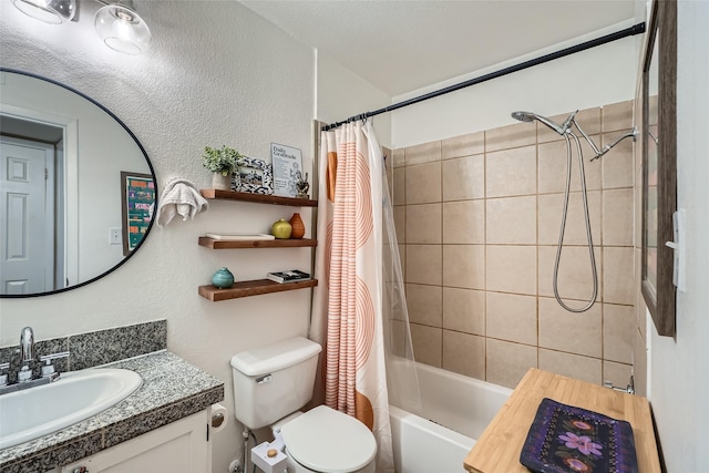 full bathroom featuring shower / bathtub combination with curtain, vanity, and toilet