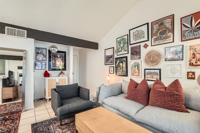 tiled living room with vaulted ceiling