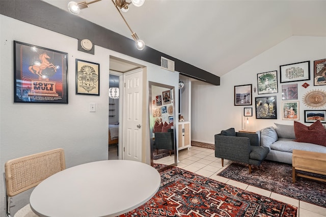 tiled living room with vaulted ceiling