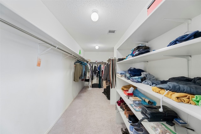 walk in closet featuring light carpet