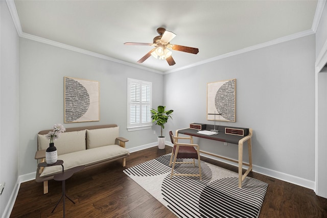 office featuring ceiling fan, crown molding, and dark hardwood / wood-style flooring