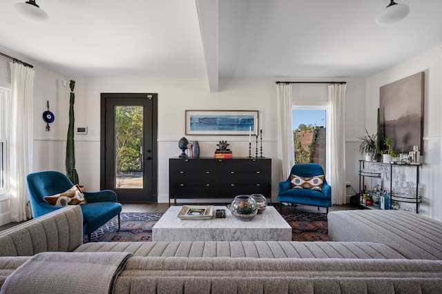 living room featuring hardwood / wood-style flooring, a wealth of natural light, and beam ceiling