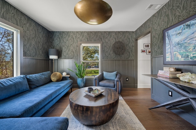 living room with dark wood-type flooring