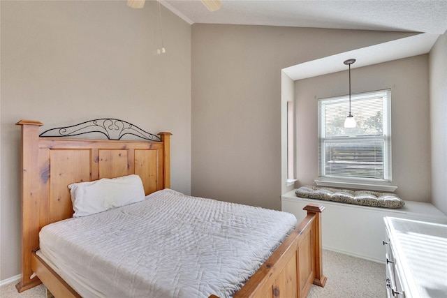 bedroom with ceiling fan and light colored carpet