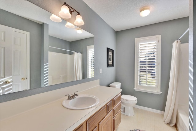 full bathroom featuring toilet, a textured ceiling, shower / bath combo, and vanity