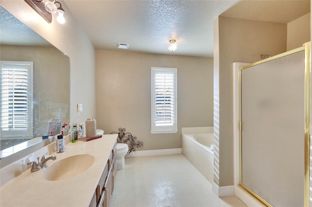 full bathroom with a textured ceiling, independent shower and bath, toilet, and vanity