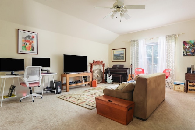 carpeted living room featuring lofted ceiling and ceiling fan