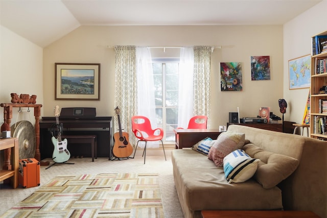 sitting room with light carpet and lofted ceiling