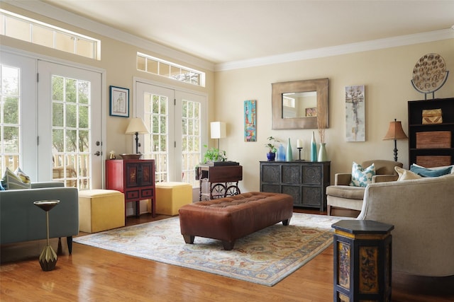 living area featuring wood-type flooring and ornamental molding