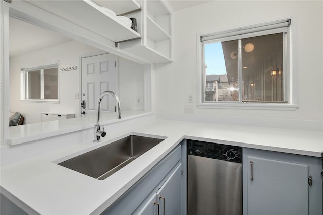 kitchen with sink, gray cabinetry, dishwasher, and kitchen peninsula