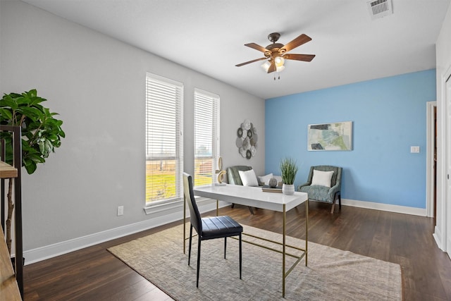 office area featuring ceiling fan and dark hardwood / wood-style flooring