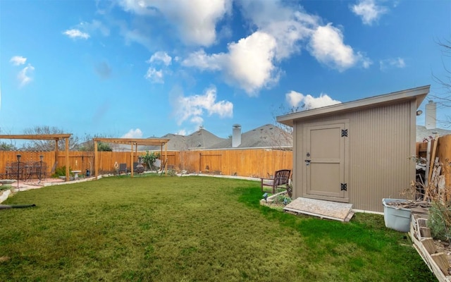 view of yard featuring a fenced backyard, an outdoor structure, and a shed