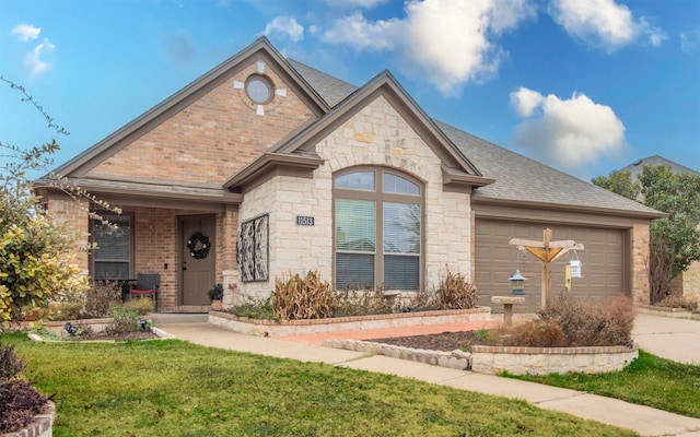 view of front of house featuring an attached garage, stone siding, concrete driveway, a front yard, and brick siding