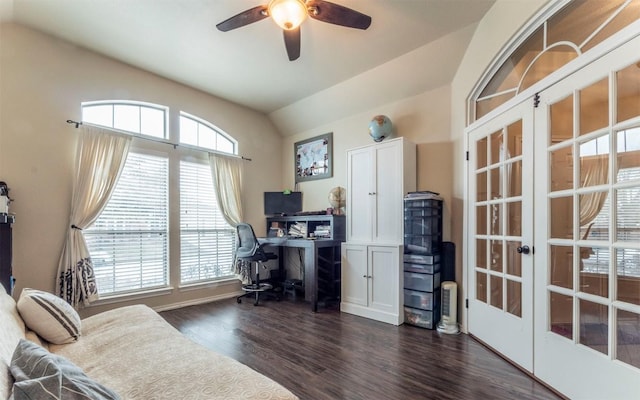 home office with french doors, a ceiling fan, dark wood-type flooring, baseboards, and vaulted ceiling