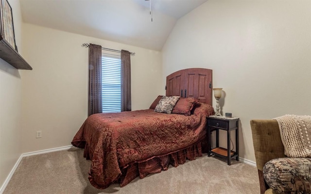 11513 Glen Knoll Dr, Manor, TX 78653 - bedroom featuring light colored carpet, lofted ceiling, baseboards, and a ceiling fan