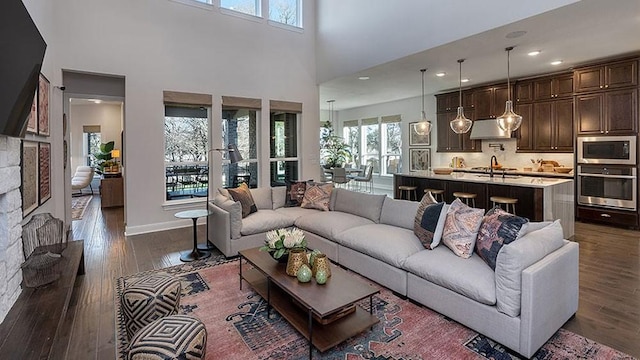 living room featuring a fireplace, a high ceiling, and dark hardwood / wood-style flooring