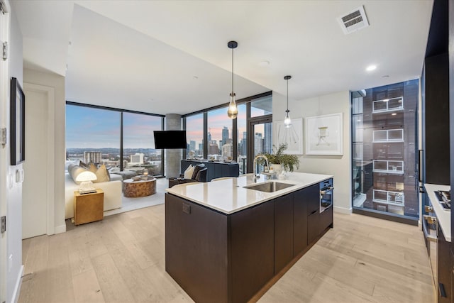 kitchen featuring pendant lighting, sink, expansive windows, a kitchen island with sink, and light hardwood / wood-style floors