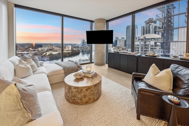 living room featuring floor to ceiling windows, a healthy amount of sunlight, and light wood-type flooring