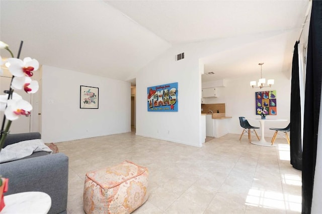 living room featuring a chandelier, visible vents, baseboards, and lofted ceiling