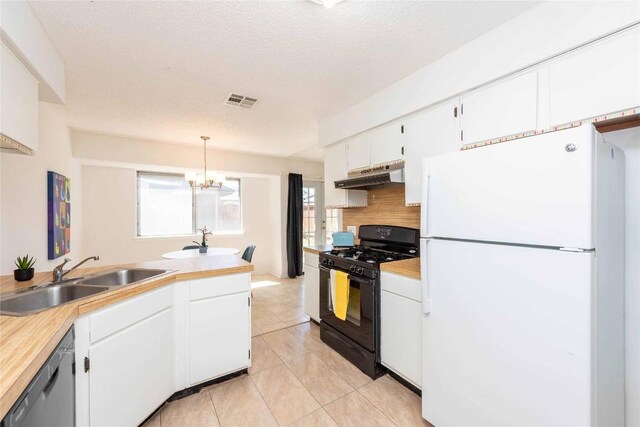 kitchen featuring freestanding refrigerator, a sink, black range with gas cooktop, under cabinet range hood, and dishwasher