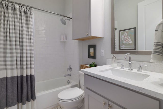 full bathroom featuring toilet, vanity, and shower / tub combo with curtain