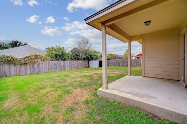 view of yard with a patio, a storage unit, a fenced backyard, and an outbuilding