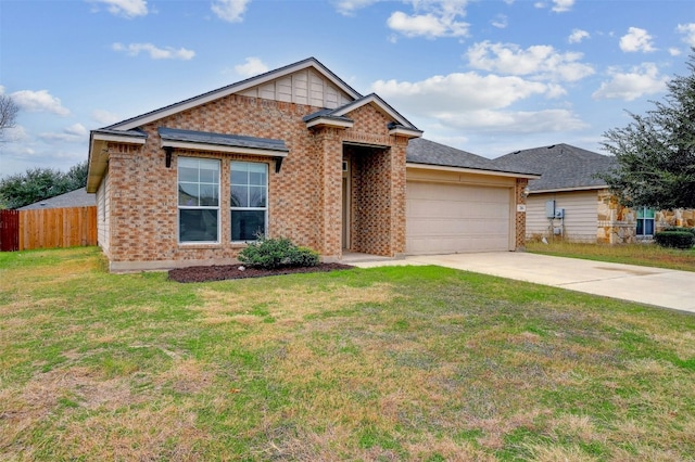 single story home with brick siding, fence, concrete driveway, a front yard, and an attached garage