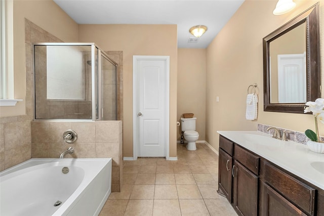 full bathroom with independent shower and bath, toilet, tile patterned flooring, and vanity