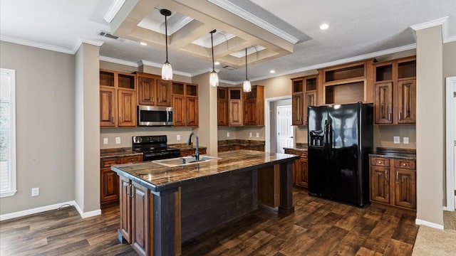 kitchen with black appliances, sink, ornamental molding, a kitchen island with sink, and coffered ceiling