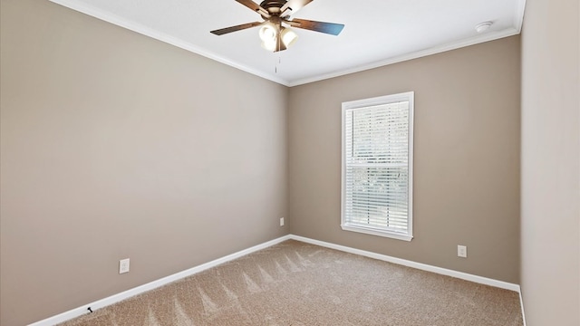 carpeted empty room with ceiling fan, ornamental molding, and a healthy amount of sunlight