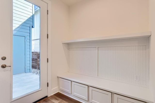 mudroom featuring dark wood-type flooring