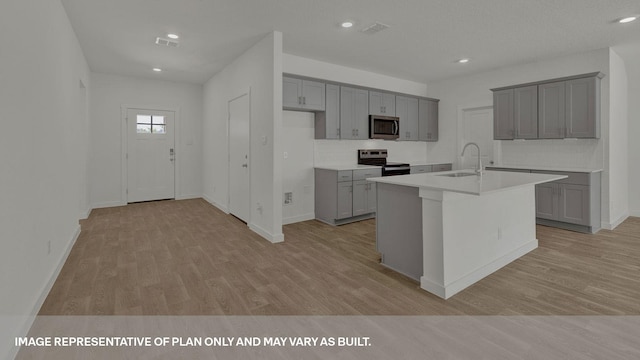 kitchen featuring sink, light wood-type flooring, tasteful backsplash, an island with sink, and stainless steel appliances