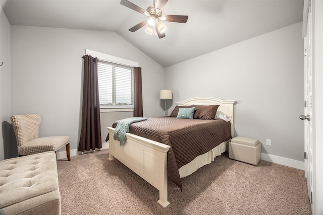 bedroom with lofted ceiling, carpet flooring, and ceiling fan