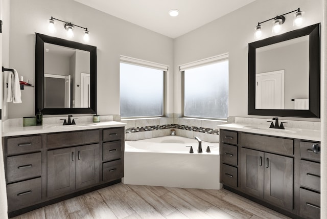 bathroom with hardwood / wood-style floors, vanity, and a bathing tub