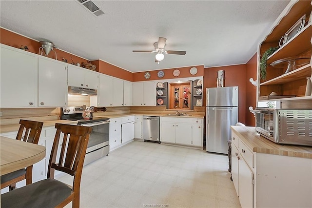 kitchen featuring sink, white cabinets, ceiling fan, and stainless steel appliances