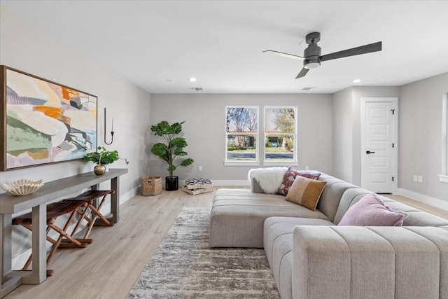 6003 Libyan Dr, Austin, TX 78745 - living room featuring a ceiling fan, baseboards, light wood finished floors, and recessed lighting