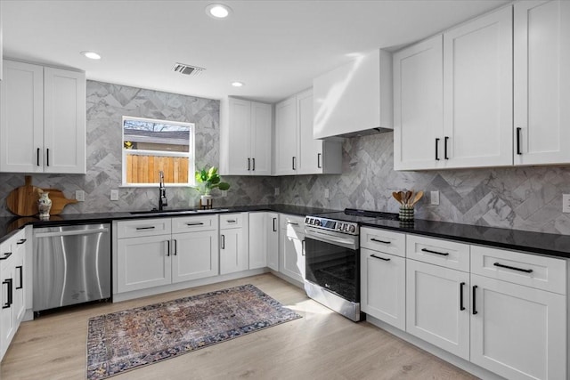 kitchen with appliances with stainless steel finishes, wall chimney exhaust hood, sink, backsplash, and white cabinetry