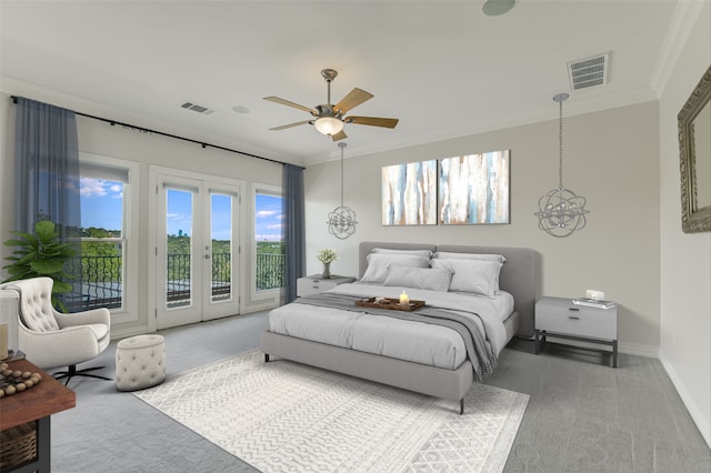 bedroom with carpet, french doors, ornamental molding, access to outside, and ceiling fan