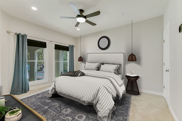 bedroom featuring carpet flooring, recessed lighting, baseboards, and ceiling fan