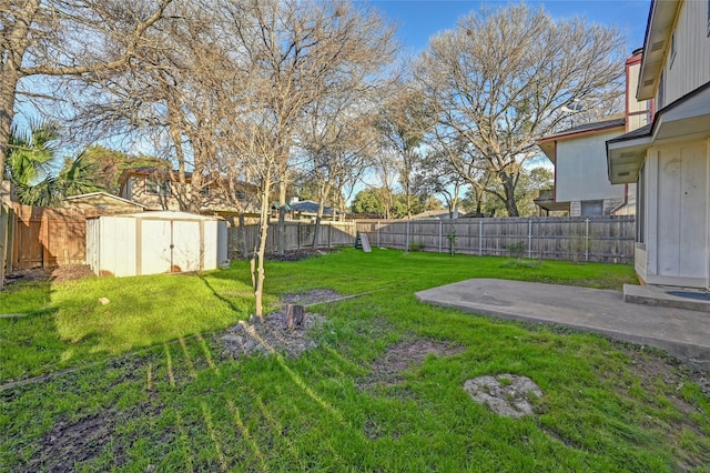 view of yard with a patio area and a storage shed