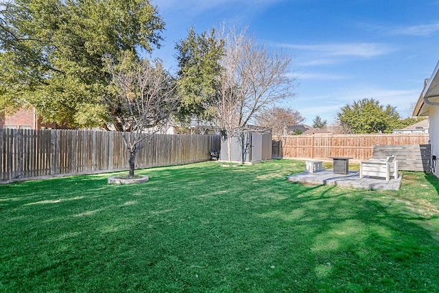 view of yard featuring a storage unit and a patio