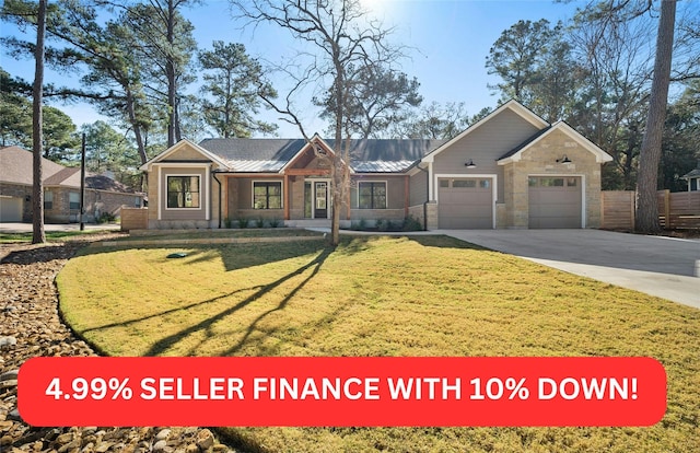 single story home featuring a garage and a front lawn