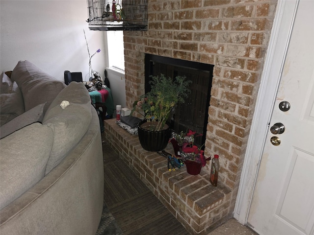 living room featuring a fireplace