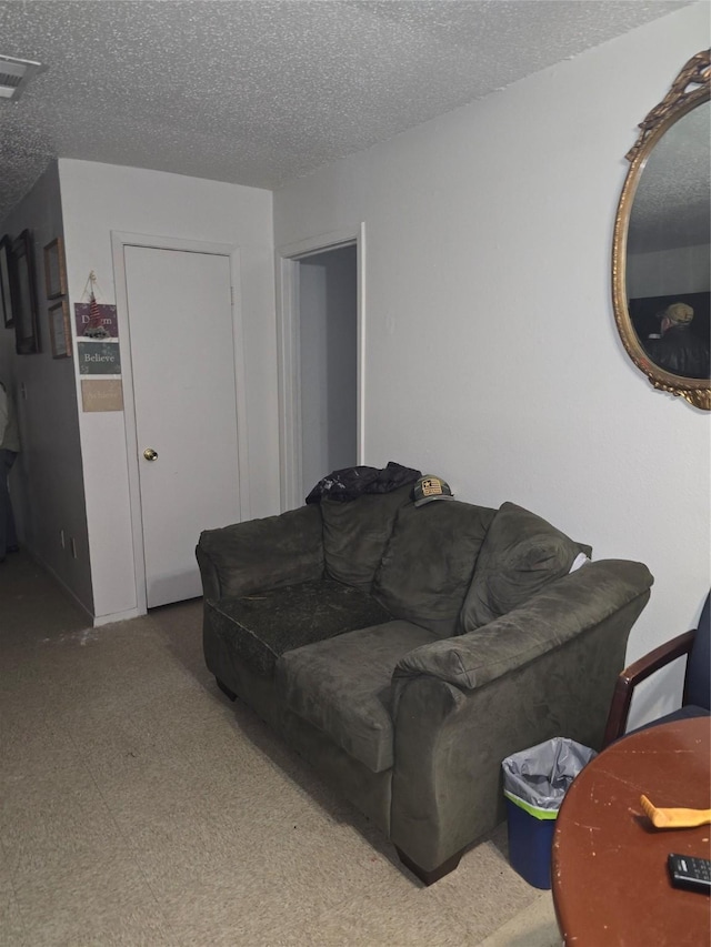 living room with a textured ceiling