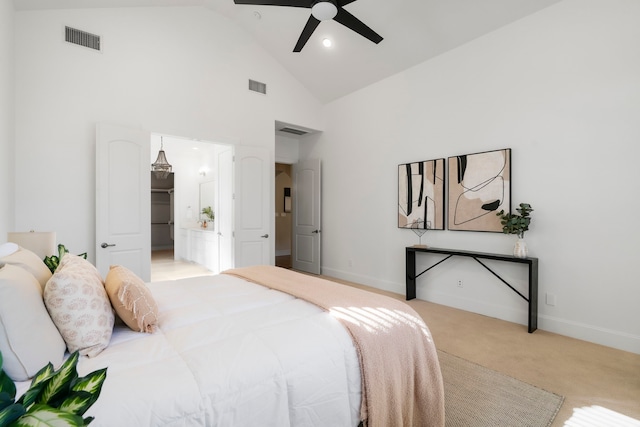 bedroom featuring light colored carpet, high vaulted ceiling, and ceiling fan