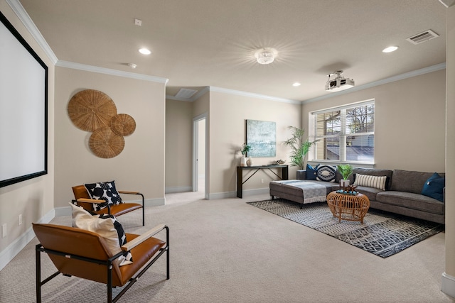 carpeted living room with crown molding