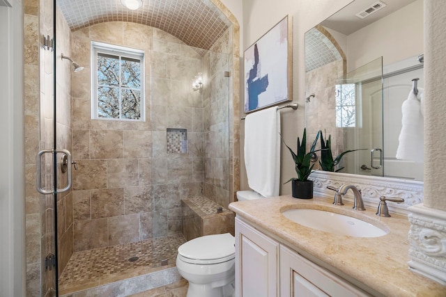 bathroom featuring vanity, toilet, vaulted ceiling, and a shower with door