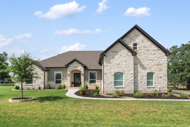 210 Miranda Way, Georgetown, TX 78633 - french provincial home featuring stone siding, a front yard, and roof with shingles