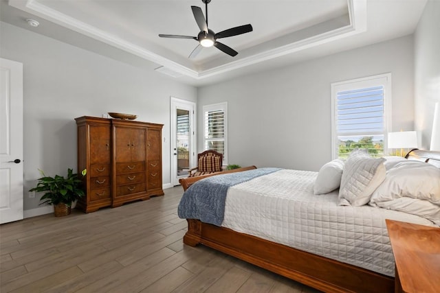 210 Miranda Way, Georgetown, TX 78633 - bedroom with a tray ceiling, wood finished floors, and ceiling fan