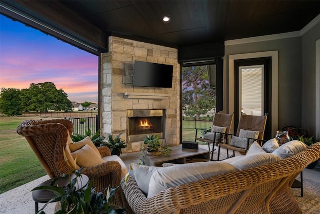 210 Miranda Way, Georgetown, TX 78633 - living room featuring an outdoor stone fireplace, wooden ceiling, and recessed lighting